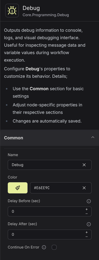 Debug node properties