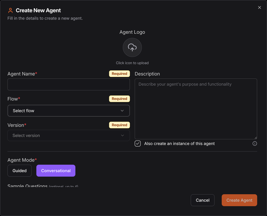 Create New Agent, in Conversational mode