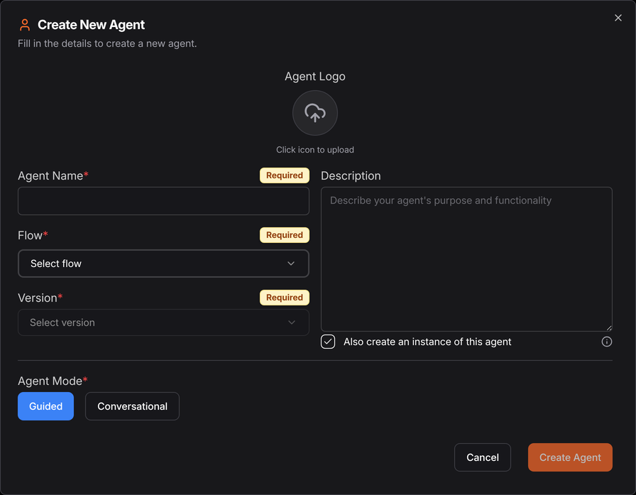 Create New Agent, in Guided mode