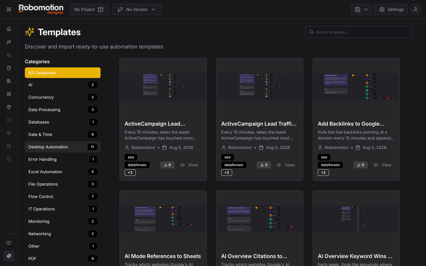 The Templates page